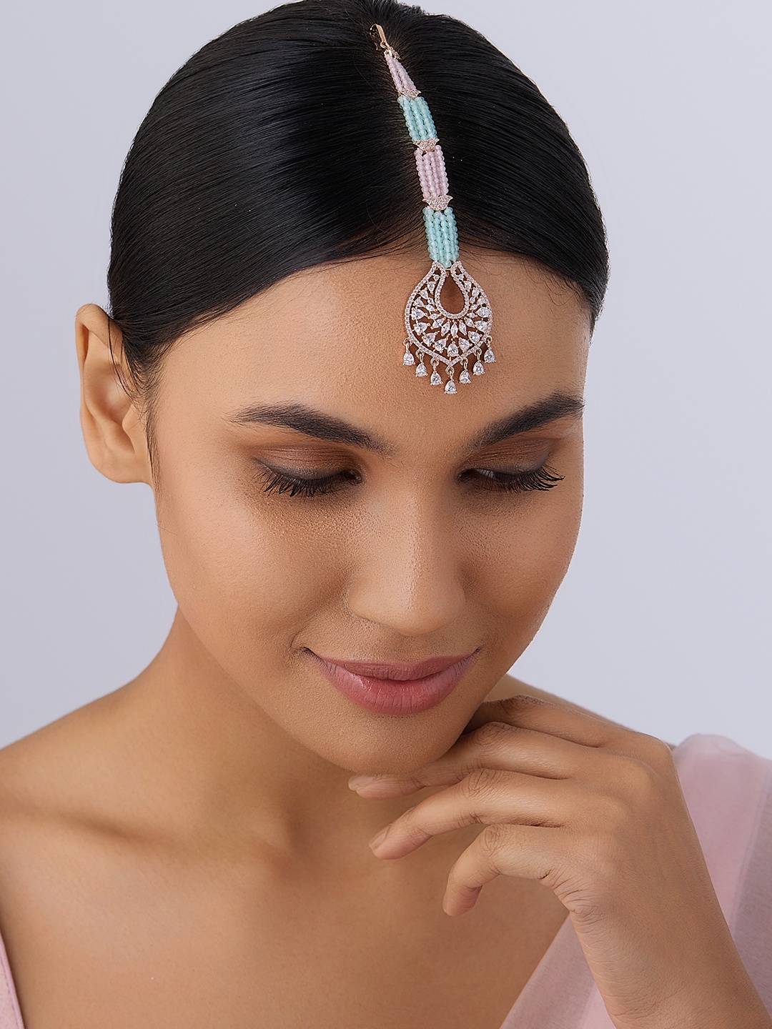 

Kushal's Fashion Jewellery Rose Gold-plated Zircon -studded Maang Tikka