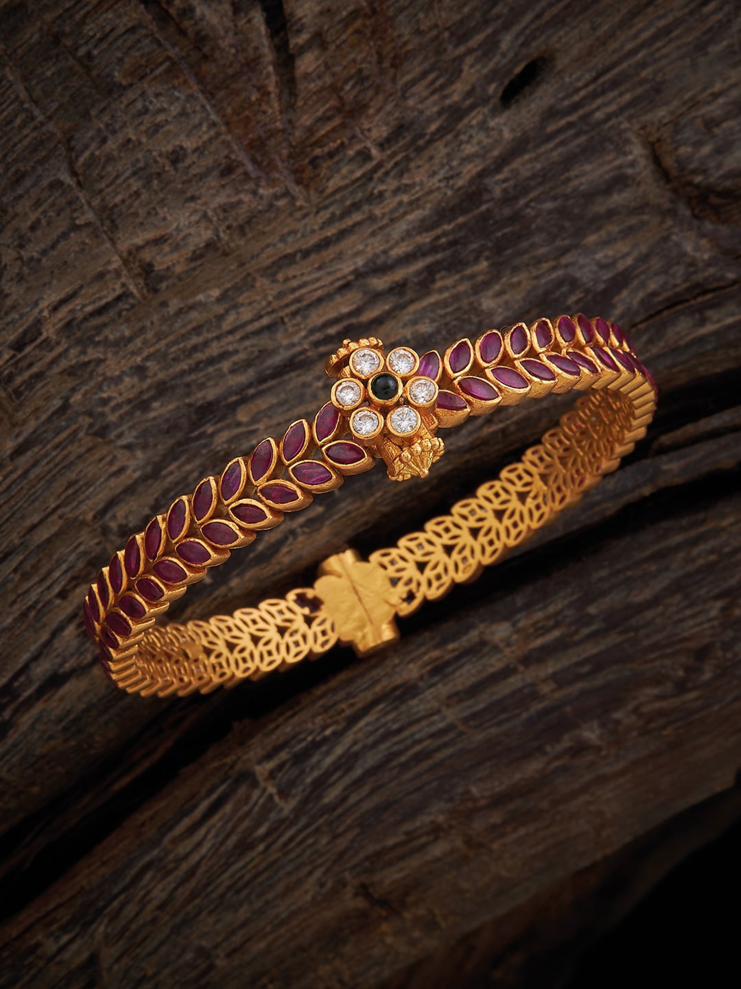 

Kushal's Fashion Jewellery 92.5 Pure Silver Gold-Plated Stone-studded Temple Bangle