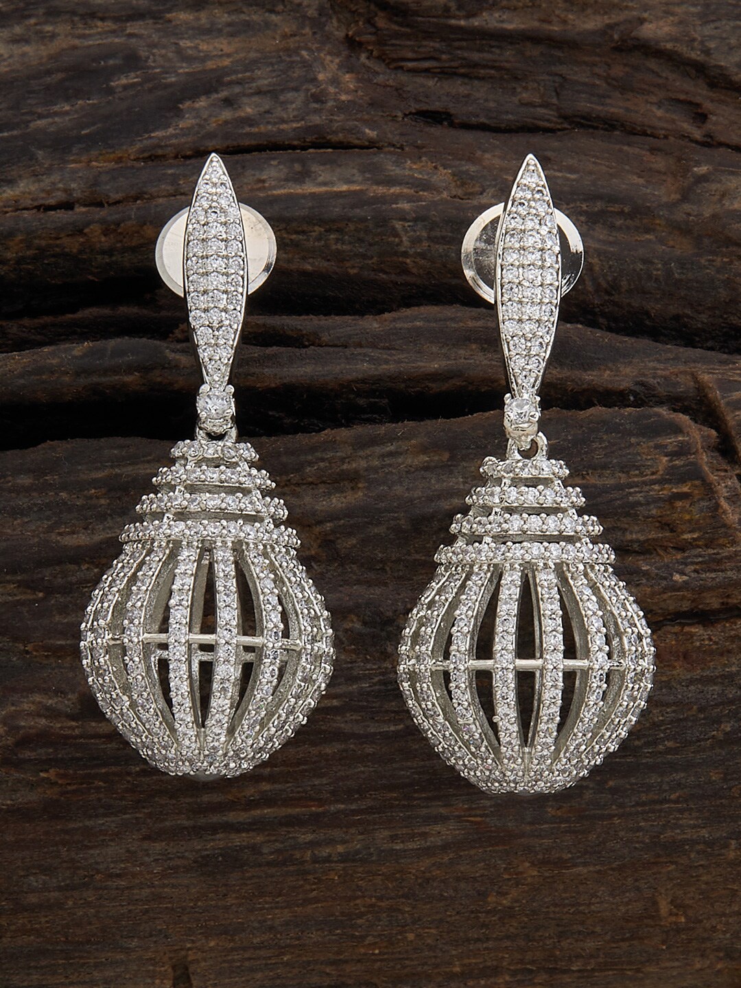 

Kushal's Fashion Jewellery Rhodium-Plated Oval Shaped Drop Earrings, Silver