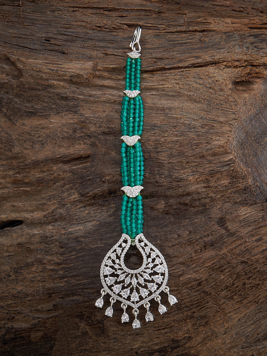 

Kushal's Fashion Jewellery Rhodium-Plated Stone-Studded & Pearls-Beaded Maang Tikka, Silver