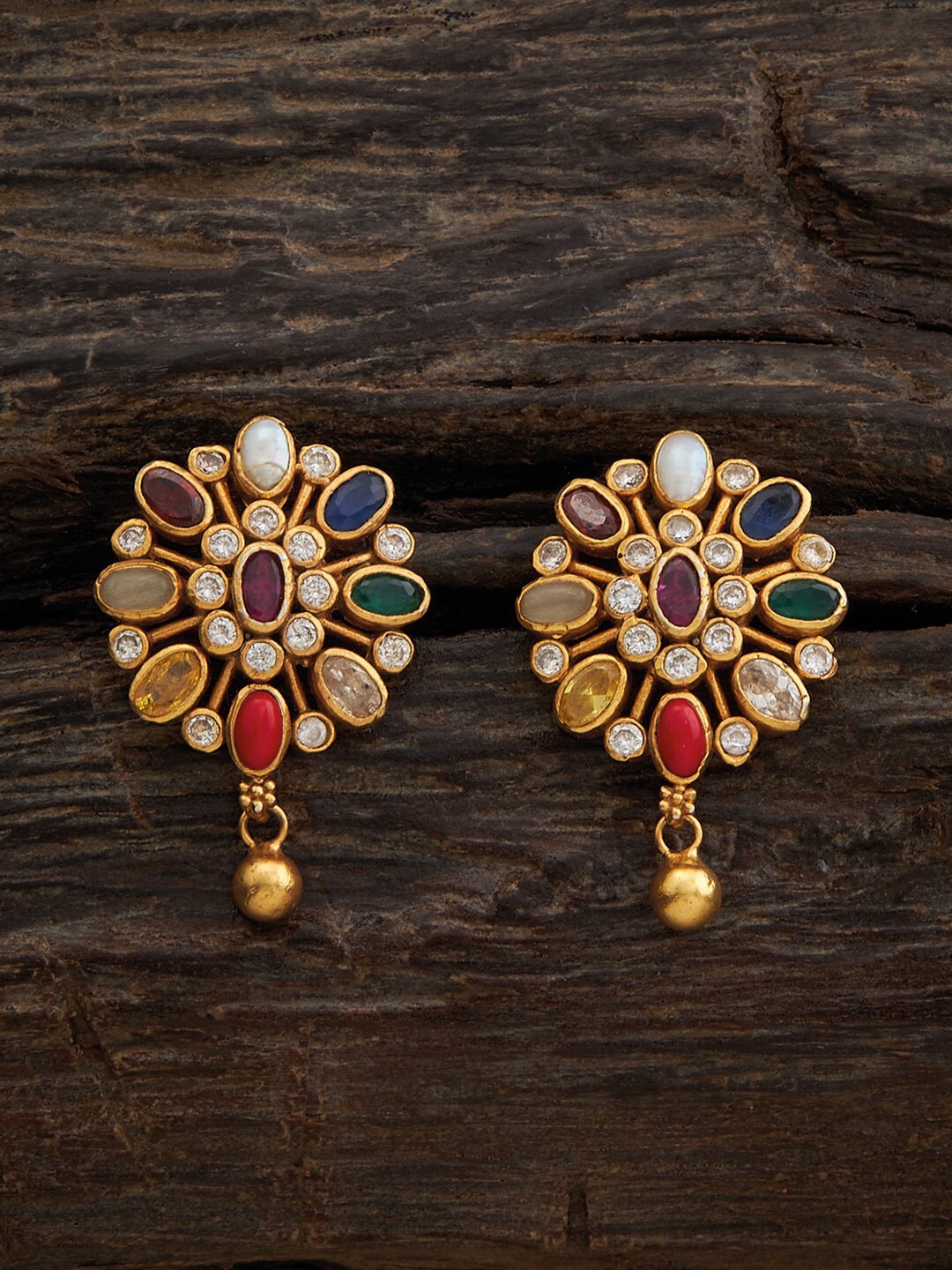 

Kushal's Fashion Jewellery 92.5 Pure Silver Navaratna Studded Floral Stud Earrings, Gold