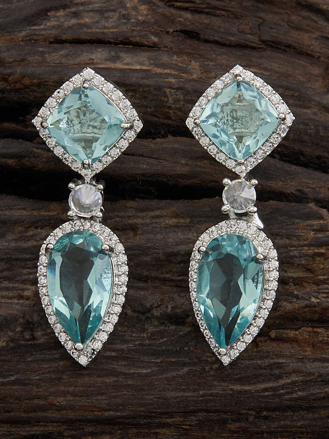 

Kushal's Fashion Jewellery Rhodium Plated CZ Studded Teardrop Shaped Drop Earrings, Silver