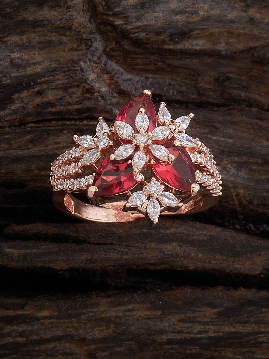 

Kushal's Fashion Jewellery Rose Gold Plated Cubic Zirconia Stone Studded Finger Ring
