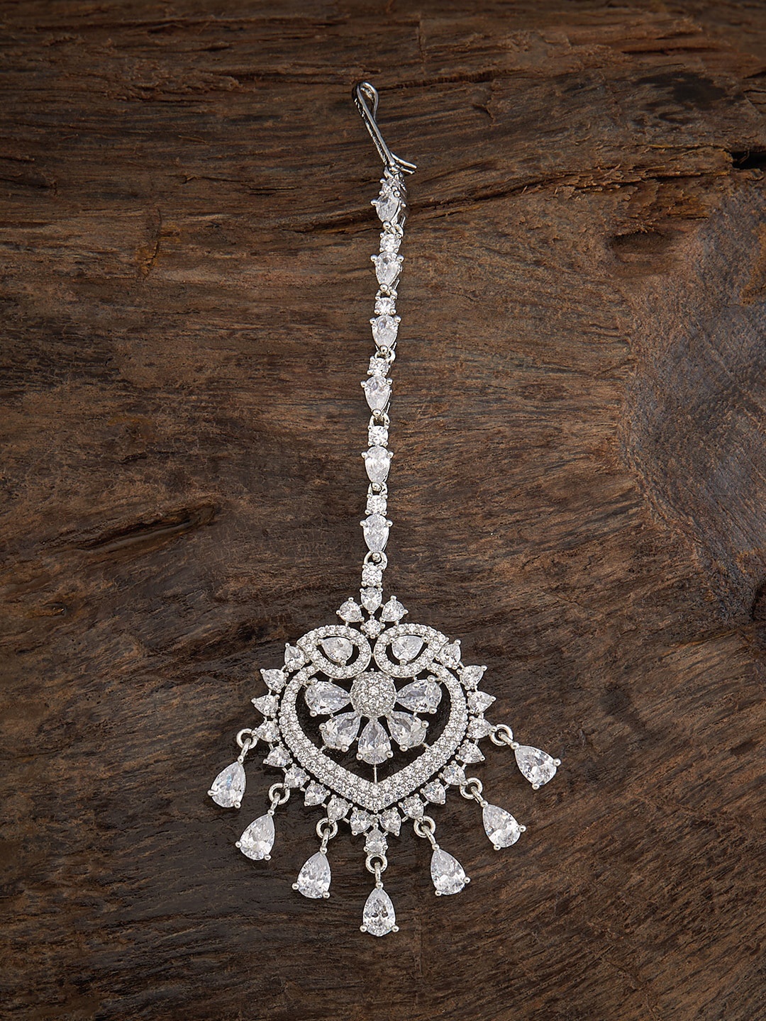 

Kushal's Fashion Jewellery Rhodium-Plated CZ Studded Maang Tikka, Silver