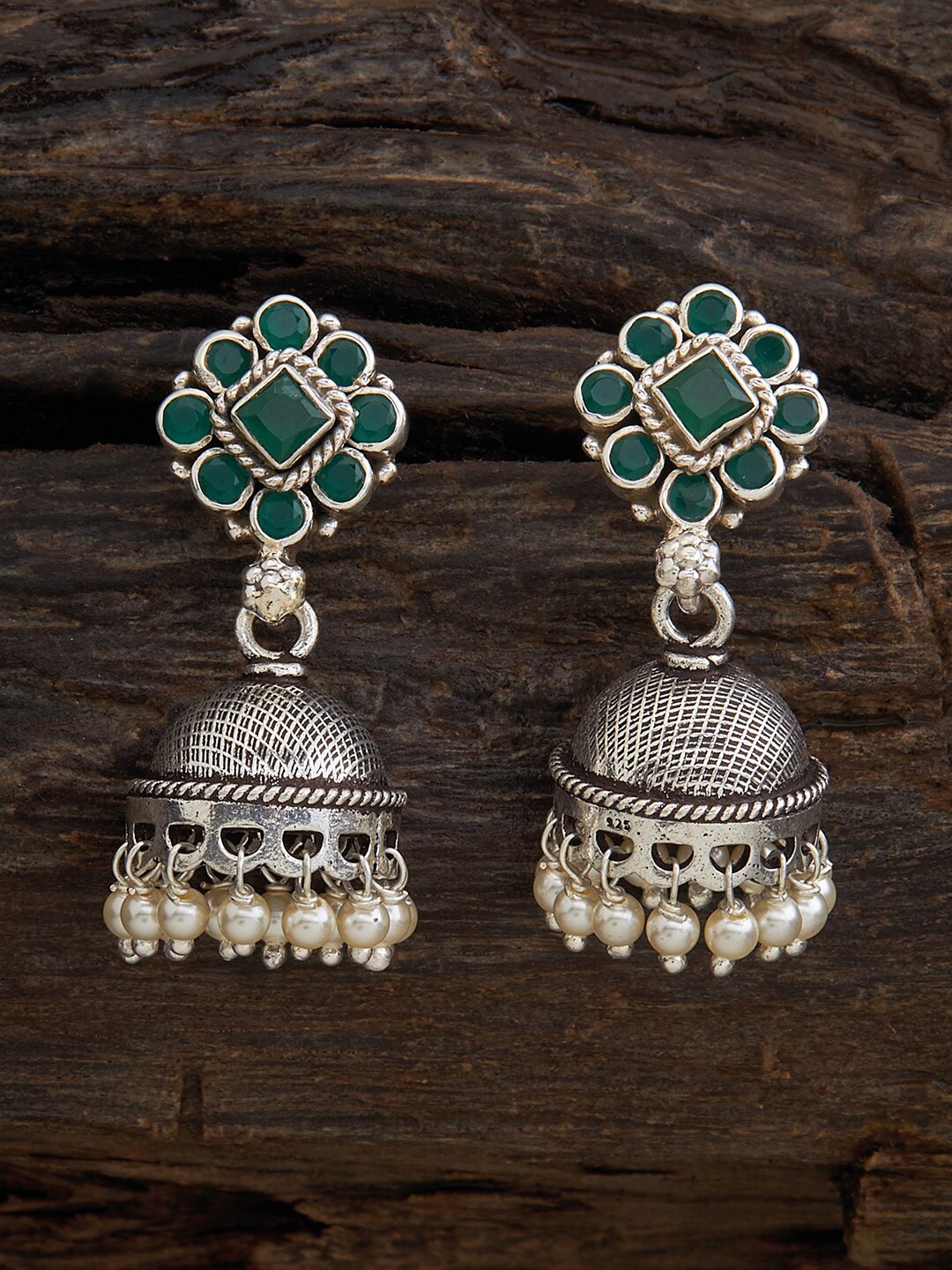

Kushal's Fashion Jewellery Rhodium-Plated CZ-Studded Jhumkas, Green
