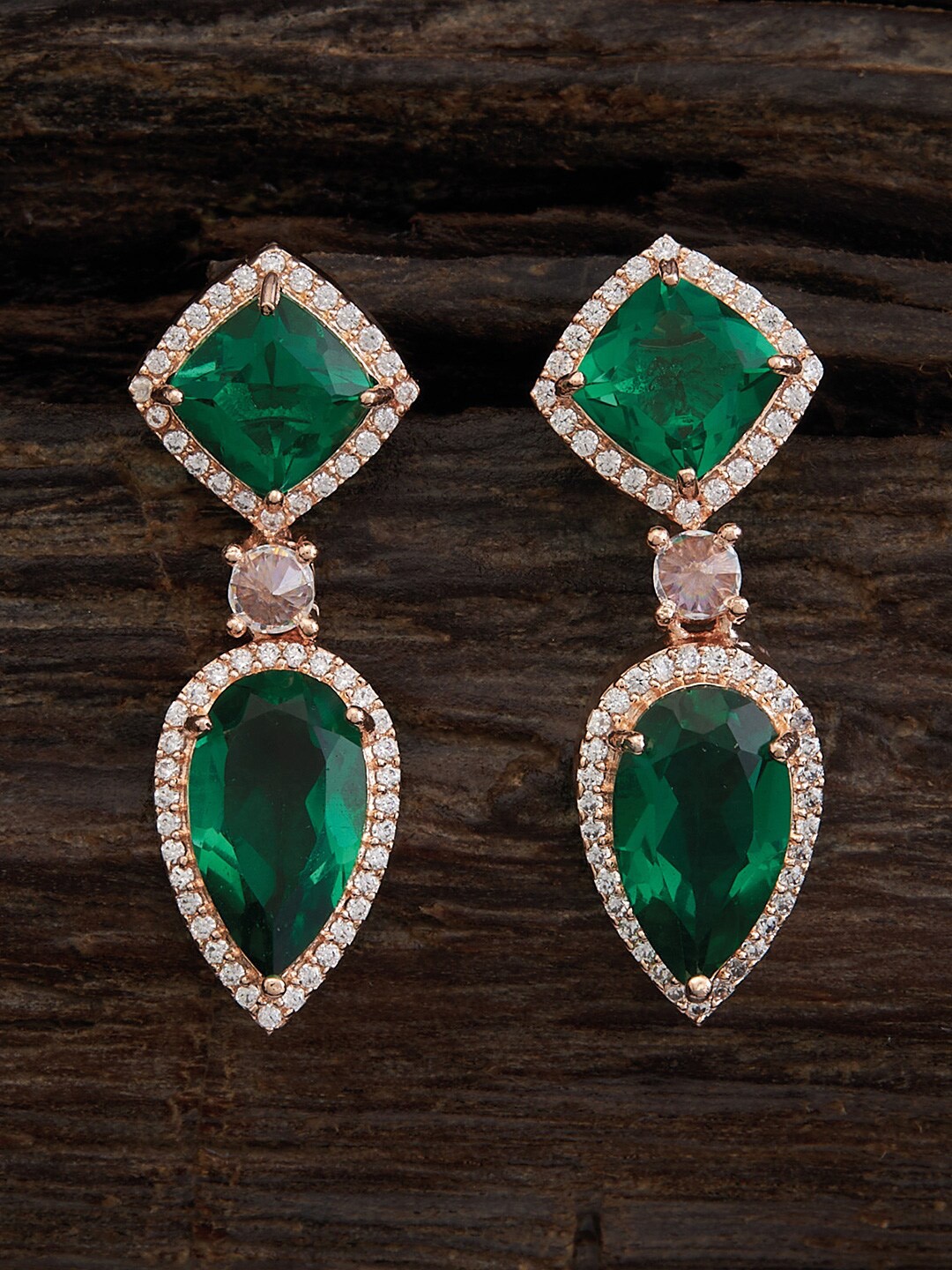 

Kushal's Fashion Jewellery Rose Gold-Plated CZ-Studded Drop Earrings, Green