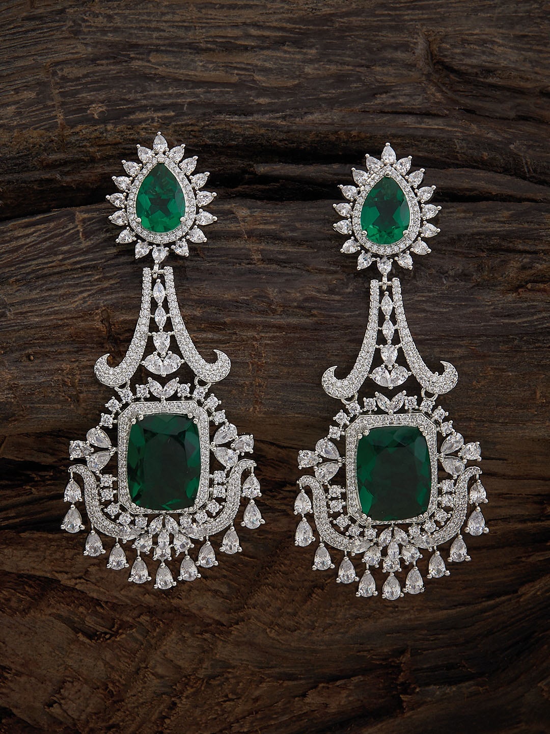 

Kushal's Fashion Jewellery Rhodium-Plated CZ-Studded Drop Earrings, Green