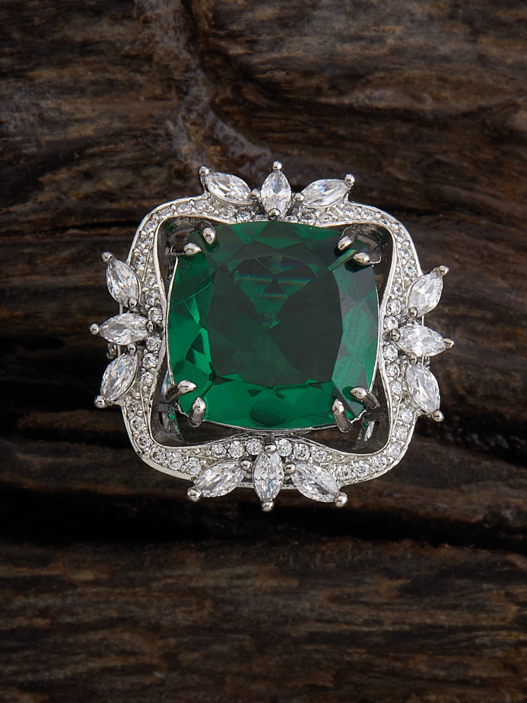 

Kushal's Fashion Jewellery Rhodium-Plated CZ-Studded Finger Ring, Green