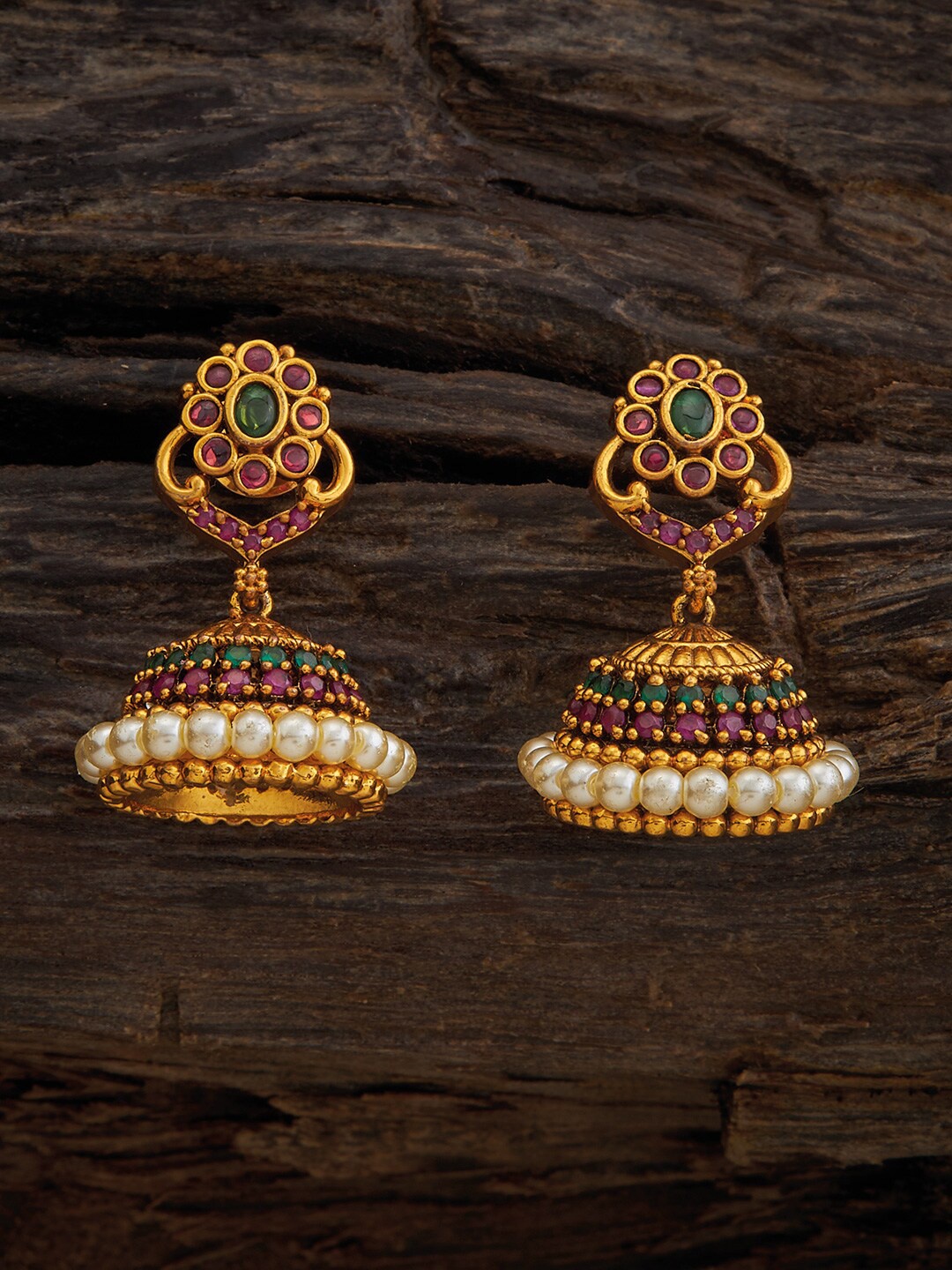 

Kushal's Fashion Jewellery Gold-Plated Dome Shaped Antique Jhumkas, Red