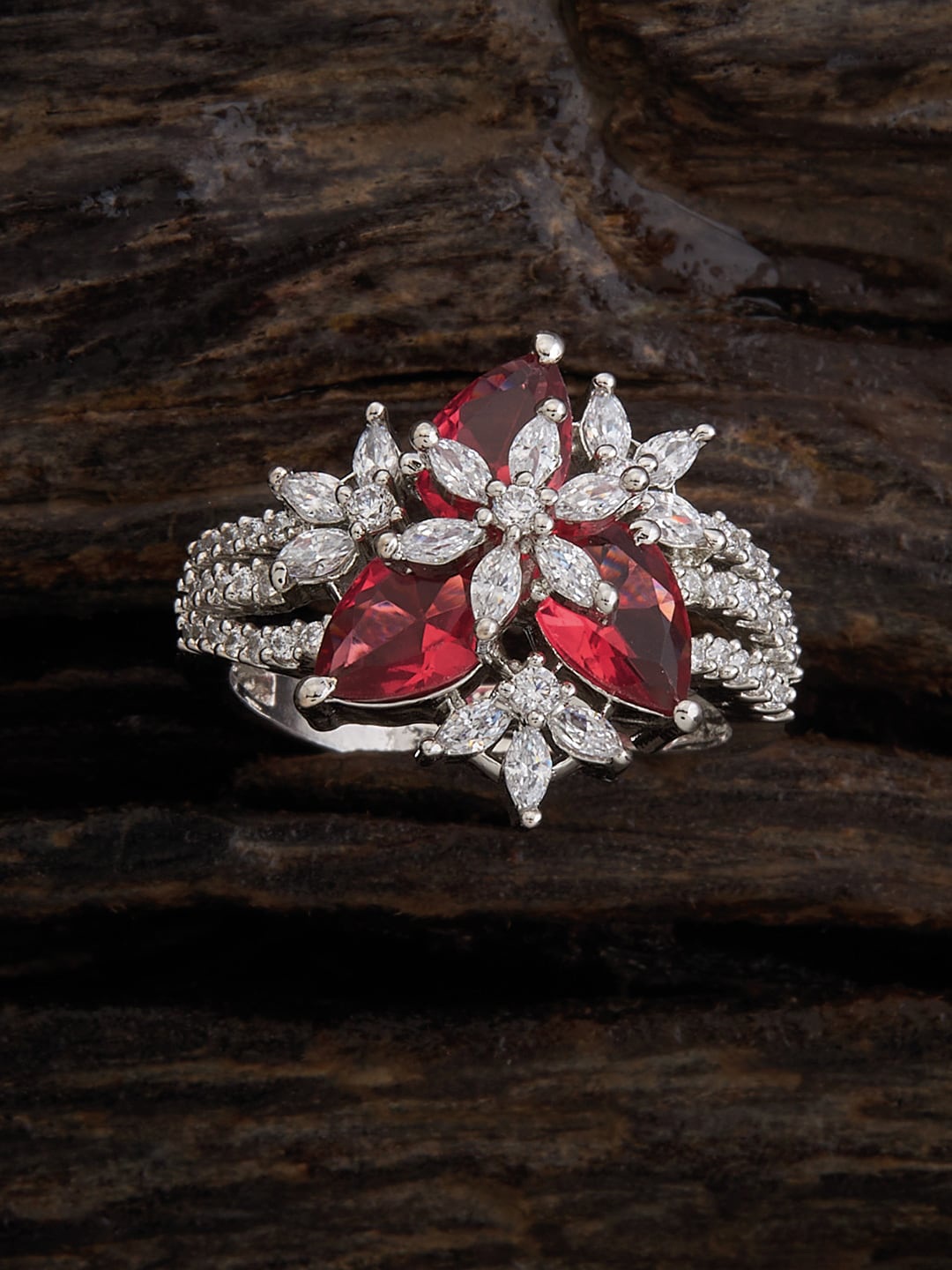 

Kushal's Fashion Jewellery Rhodium-Plated CZ-Studded Finger Ring, Red