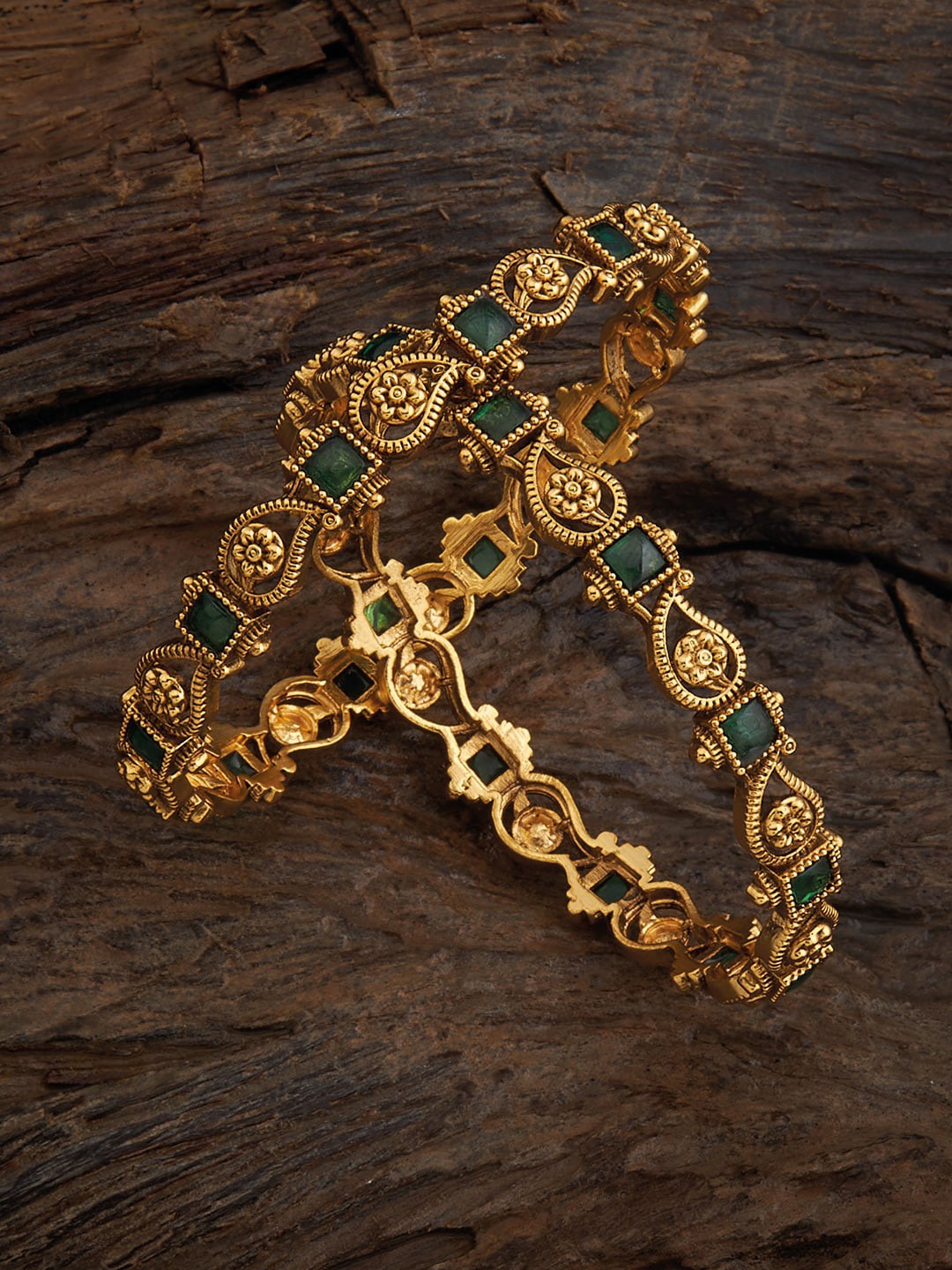 

Kushal's Fashion Jewellery Set Of 2 Gold-Plated Stone-Studded Bangles, Green