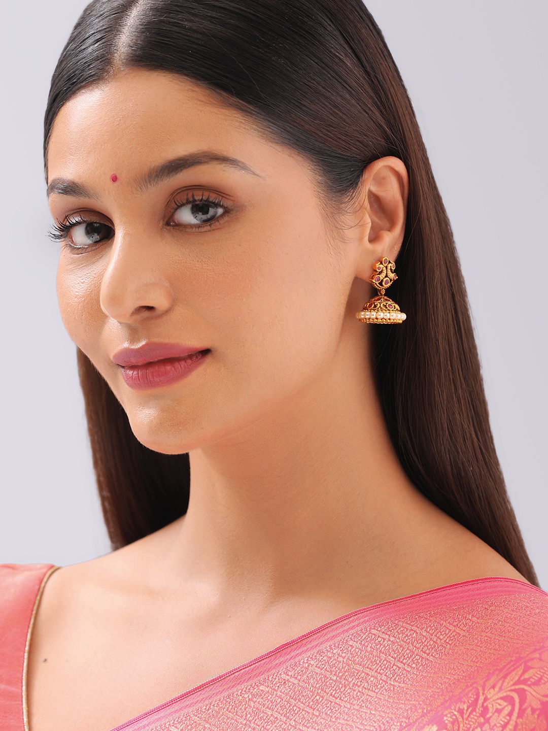 

Kushal's Fashion Jewellery Gold-Plated CZ Studded Dome Shaped Antique Jhumkas