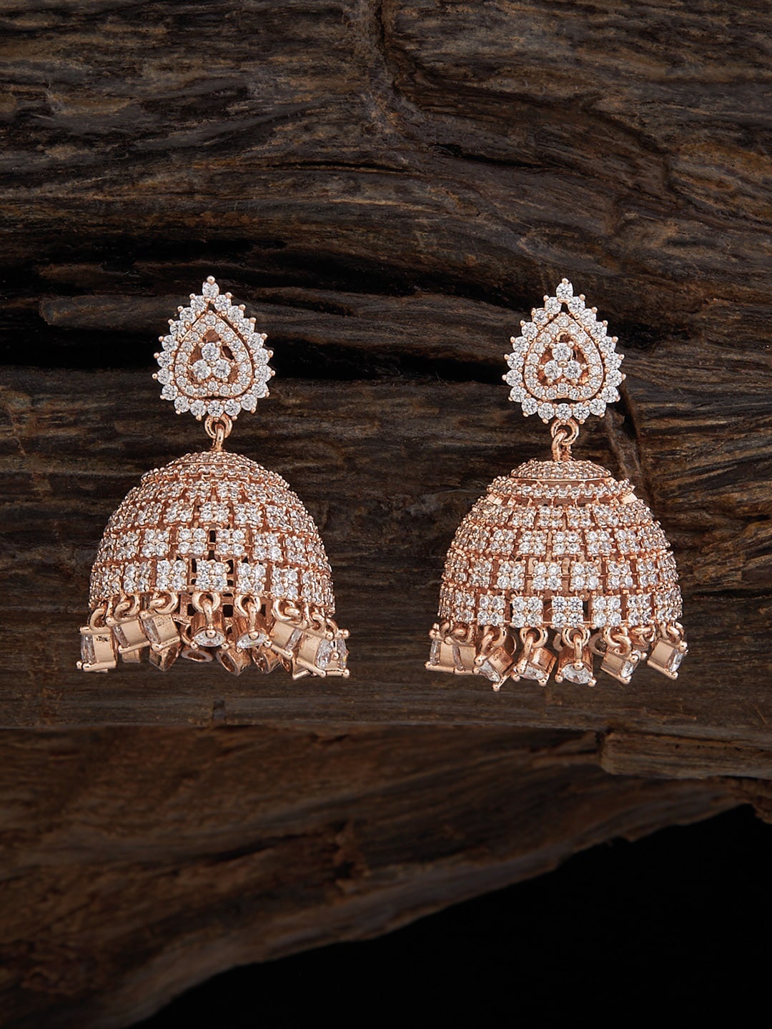 

Kushal's Fashion Jewellery Rose Gold-Plated CZ Studded Dome Shaped Jhumkas