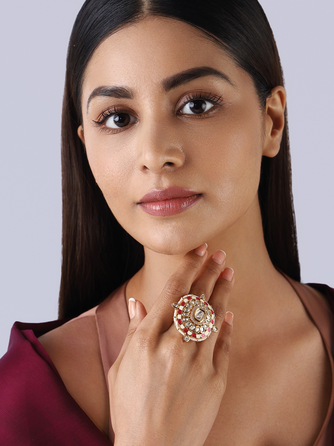

Kushal's Fashion Jewellery Gold-Plated Meenakari Kundan-Studded Adjustable Finger Ring, White