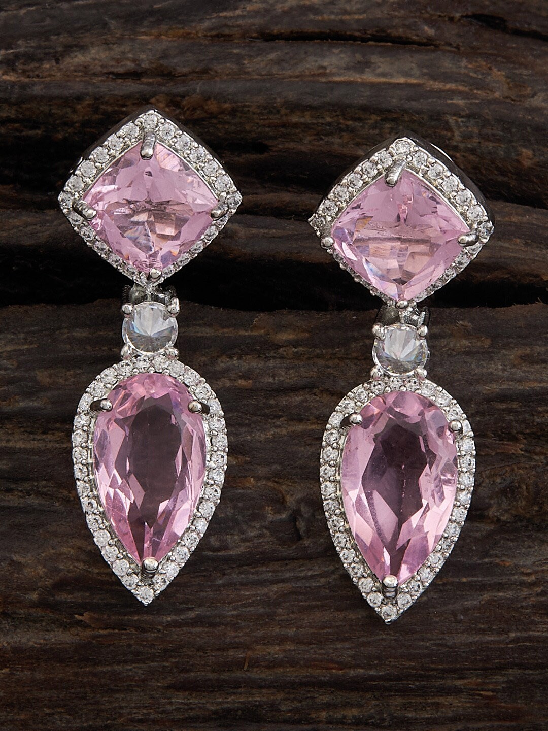 

Kushal's Fashion Jewellery Rhodium-Plated Cubic Zirconia Studded Drop Earrings, Pink