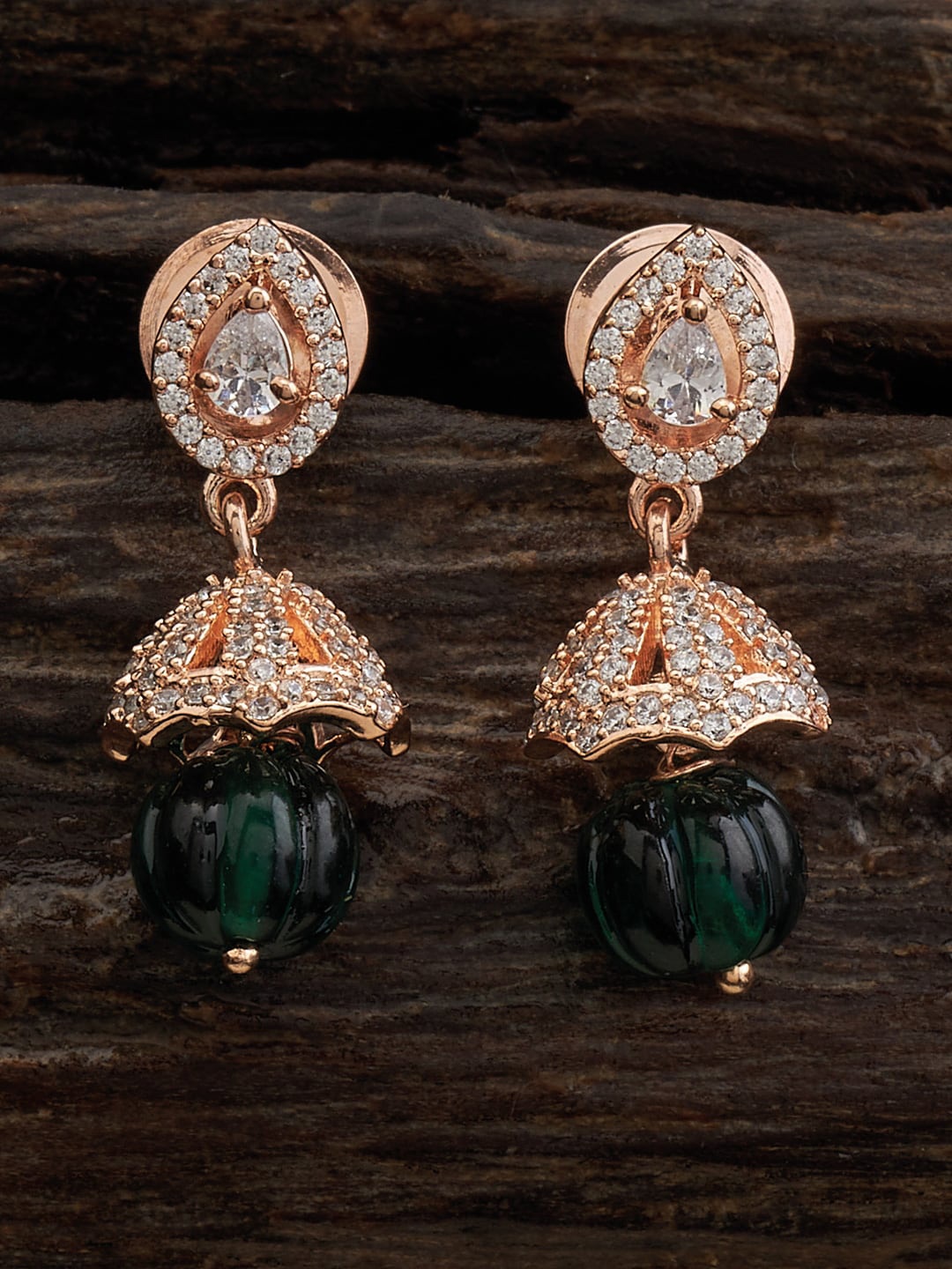 

Kushal's Fashion Jewellery Rose Gold-Plated Cubic Zirconia Studded Jhumkas, Green