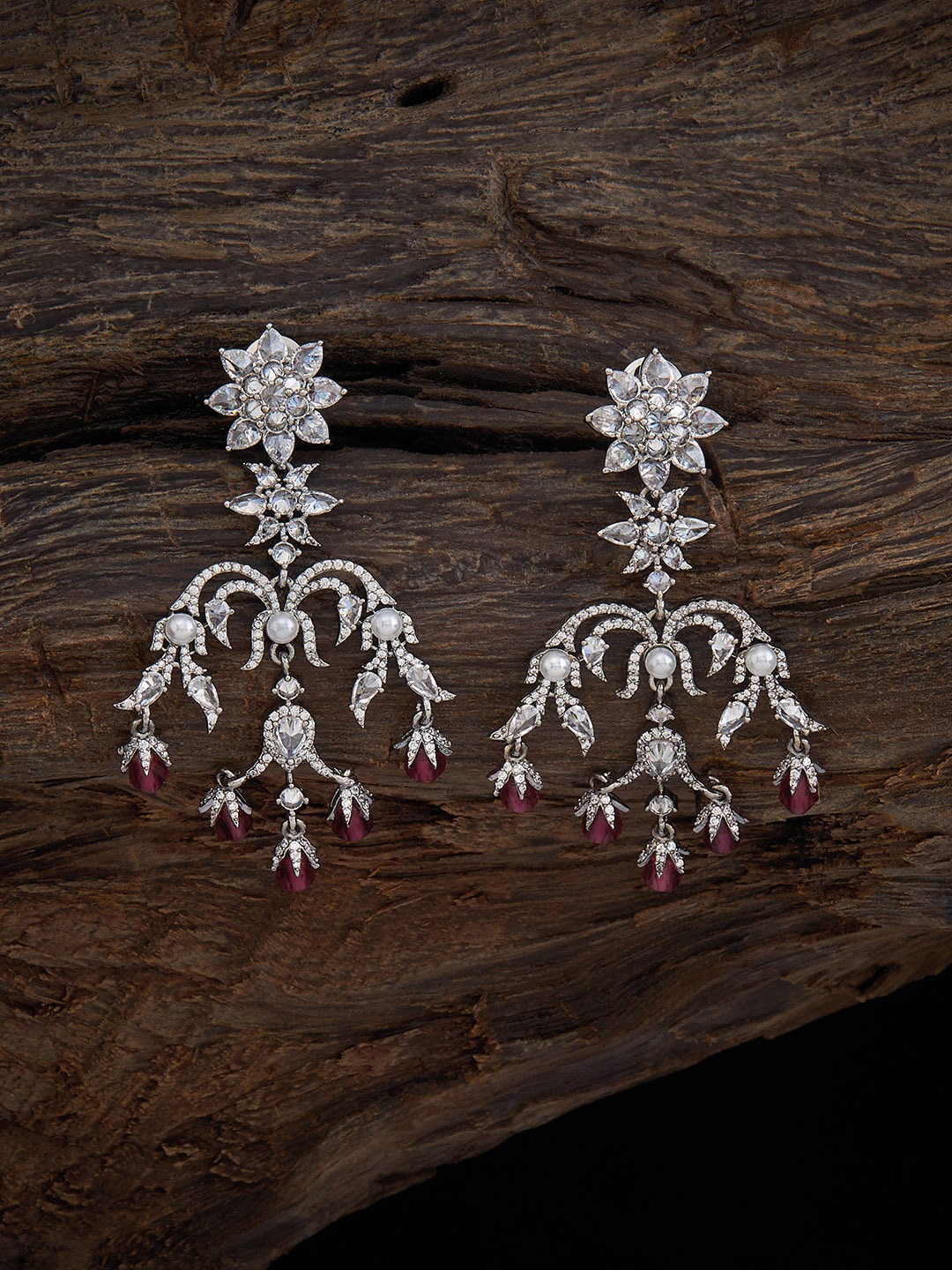

Kushal's Fashion Jewellery Rhodium-Plated Cubic Zirconia Studded Drop Earrings, Red