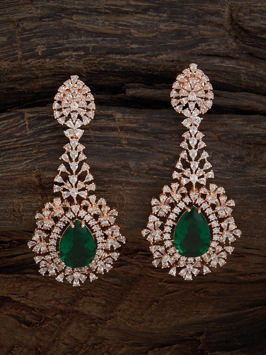 

Kushal's Fashion Jewellery Rose Gold-Plated Cubic Zirconia Studded Drop Earrings, Green