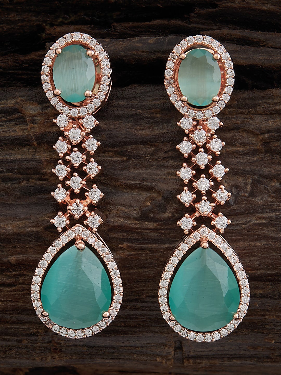 

Kushal's Fashion Jewellery Rose Gold-Plated CZ Studded Drop Earrings, Sea green