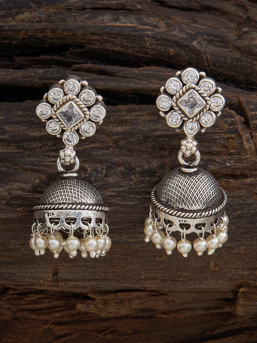 

Kushal's Fashion Jewellery Rhodium-Plated CZ-Studded Jhumkas, White