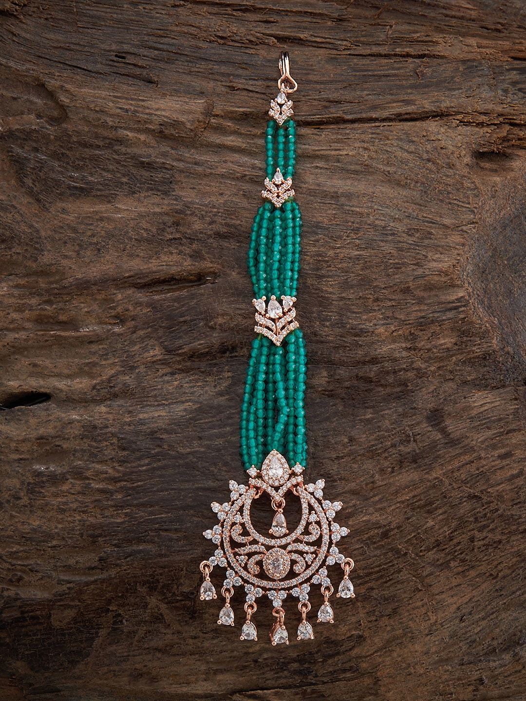 

Kushal's Fashion Jewellery Rose Gold-Plated Zircon-studded & Beaded Maang Tikka
