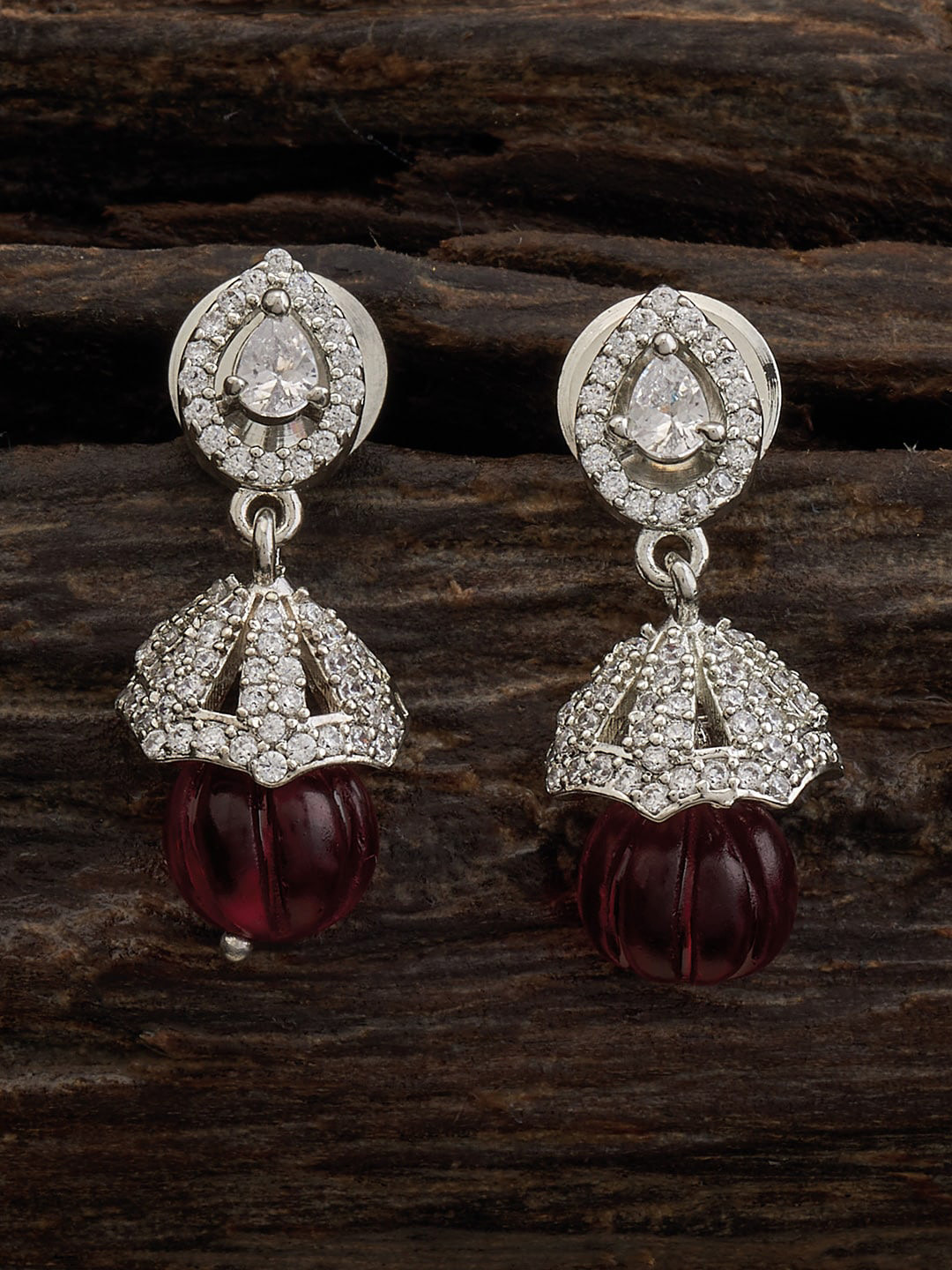 

Kushal's Fashion Jewellery Rhodium-Plated CZ Studded Jhumkas, Silver
