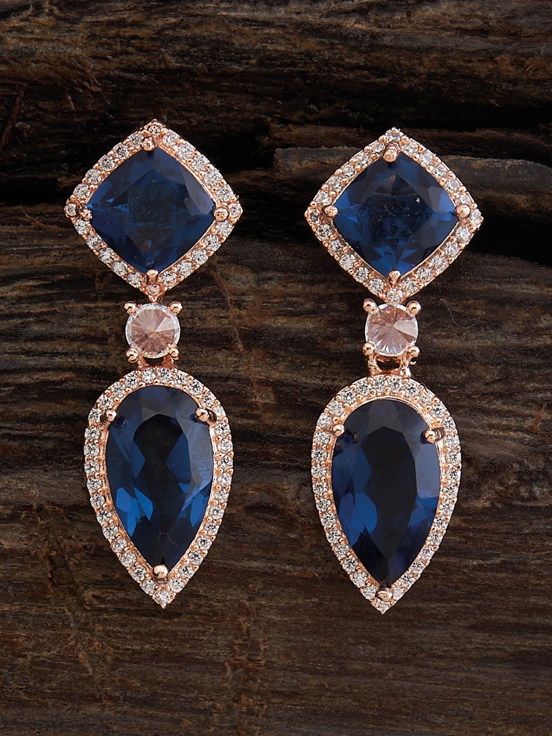 

Kushal's Fashion Jewellery Rose Gold-Plated CZ Studded Drop Earrings, Blue