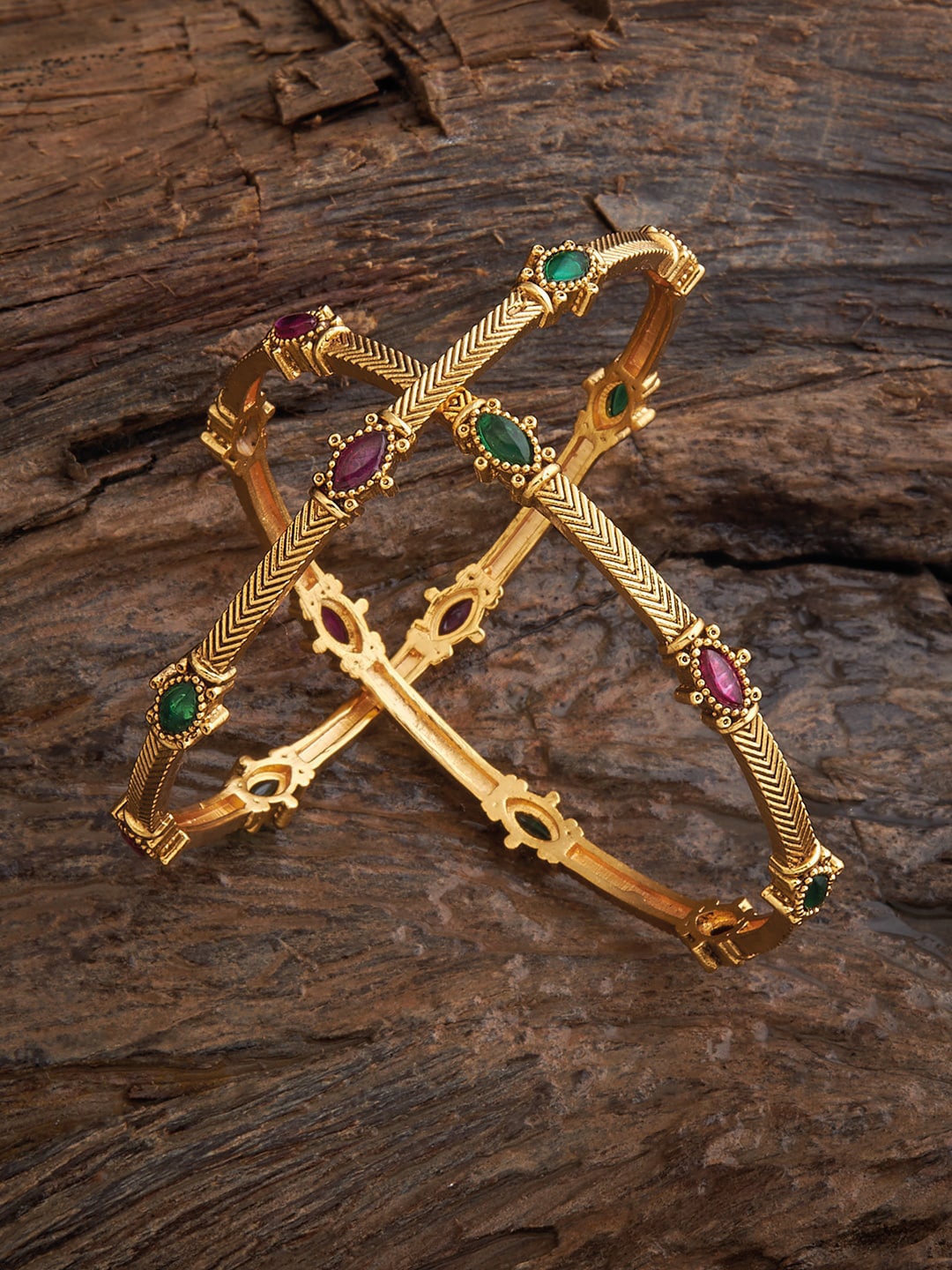 

Kushal's Fashion Jewellery Set Of 2 Gold-Plated Stones-Studded Bangles