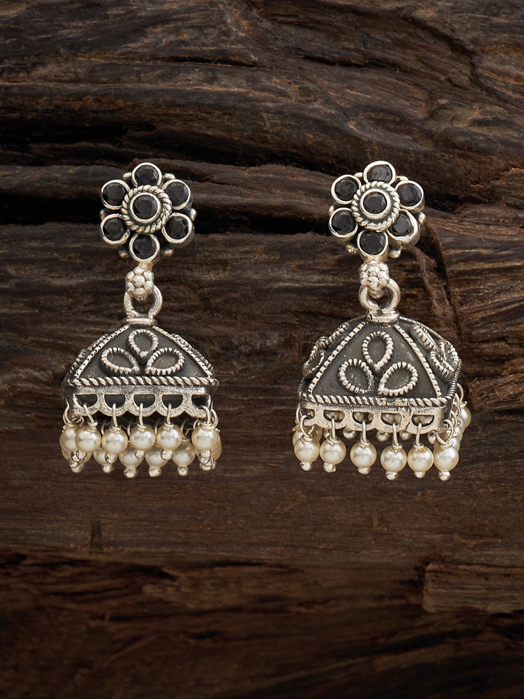 

Kushal's Fashion Jewellery Rhodium-Plated CZ Studded Jhumkas Earrings, Silver