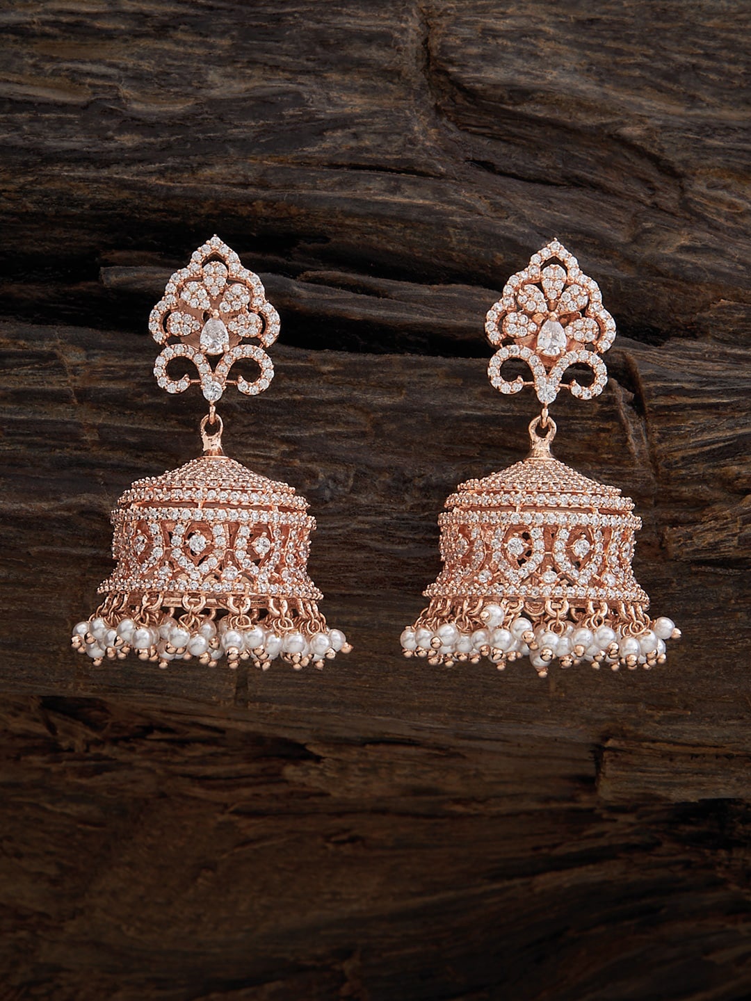 

Kushal's Fashion Jewellery Rose Gold-Plated CZ Studded Jhumkas