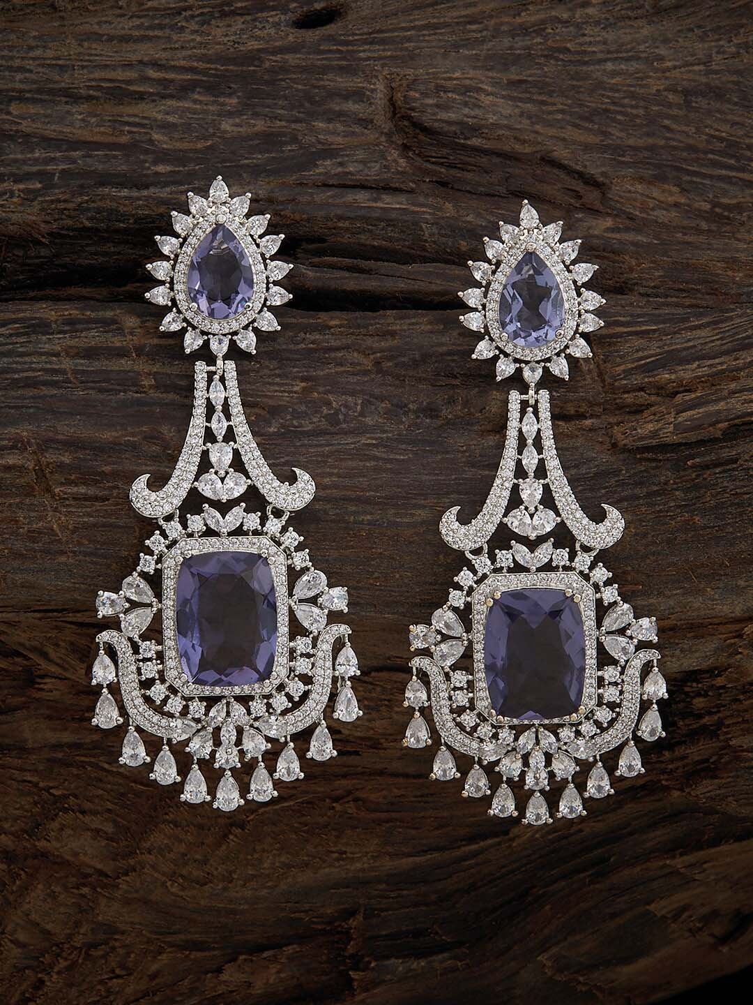 

Kushal's Fashion Jewellery Rhodium-Plated CZ-Studded Drop Earrings, Silver