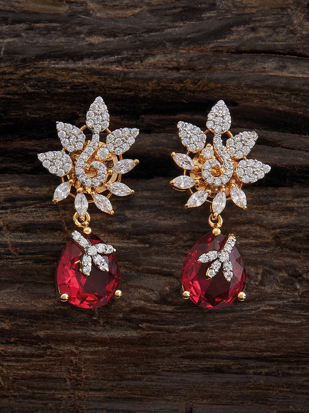

Kushal's Fashion Jewellery Gold Plated CZ Studded Teardrop Shaped Drop Earrings