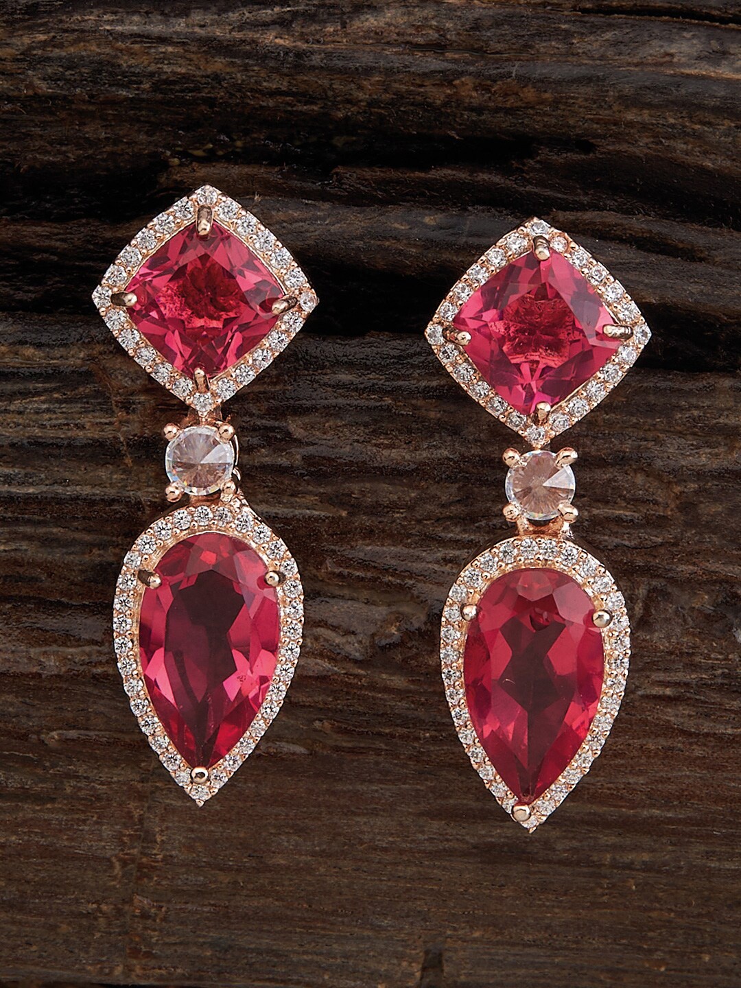 

Kushal's Fashion Jewellery Rose Gold Plated CZ Studded Teardrop Shaped Drop Earrings