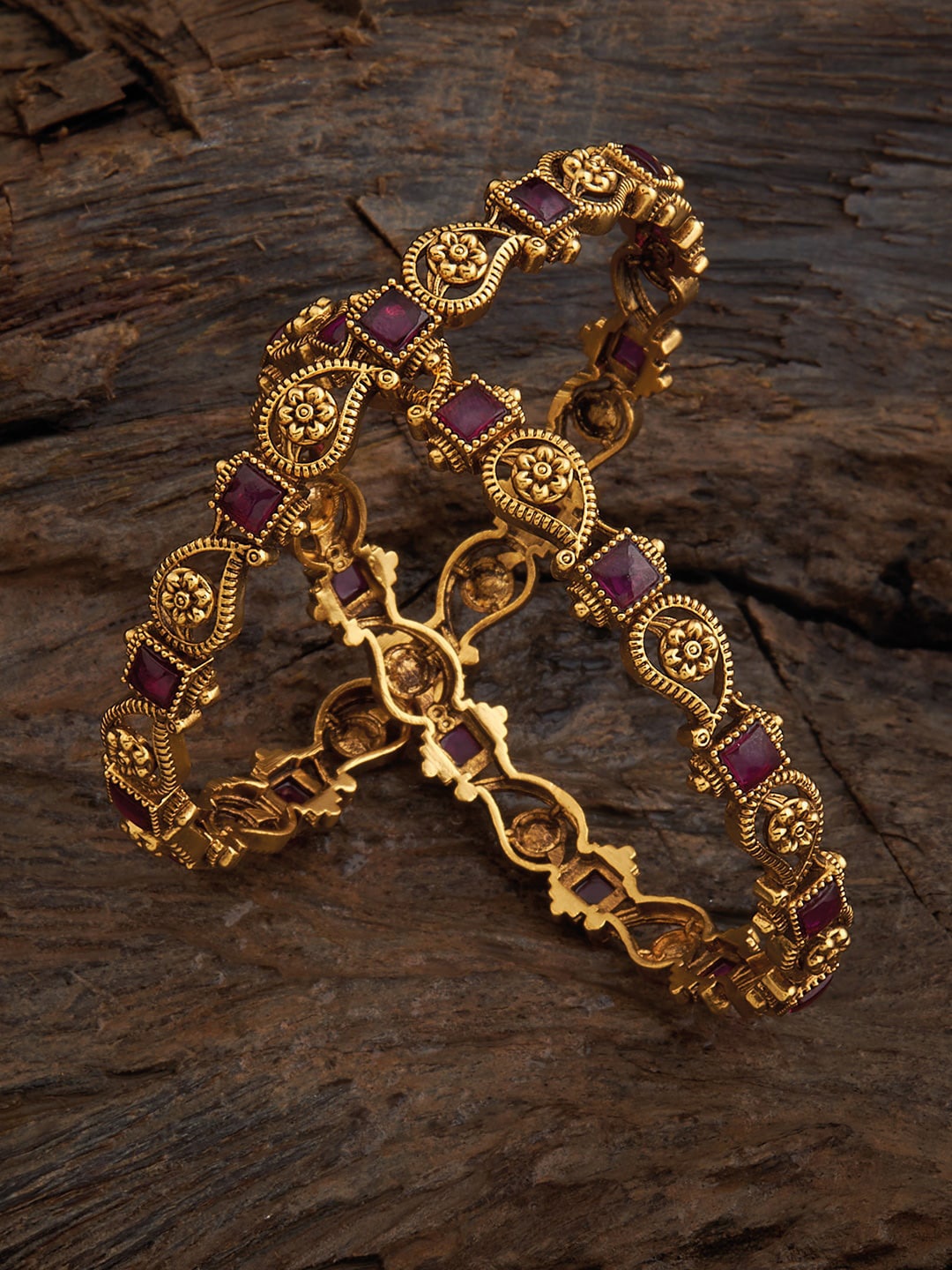 

Kushal's Fashion Jewellery Set Of 2 Gold-Plated Stone Studded Bangles