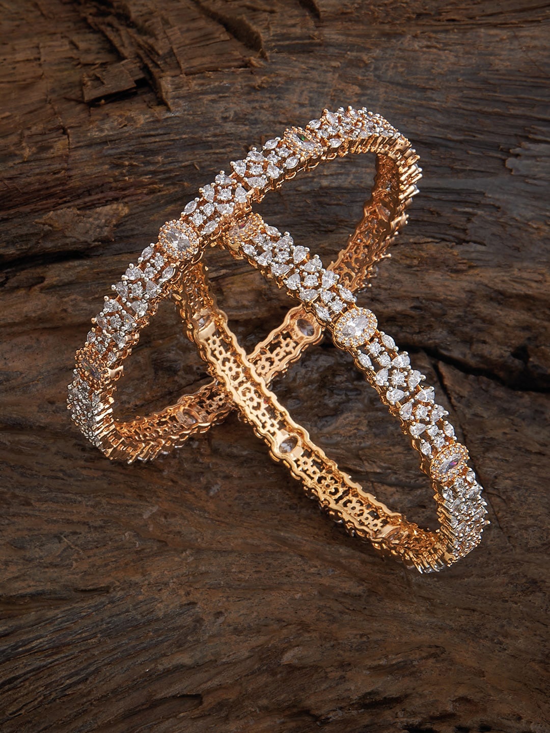 

Kushal's Fashion Jewellery Set Of 2 Rhodium-Plated Zircon Studded Bangles, Gold