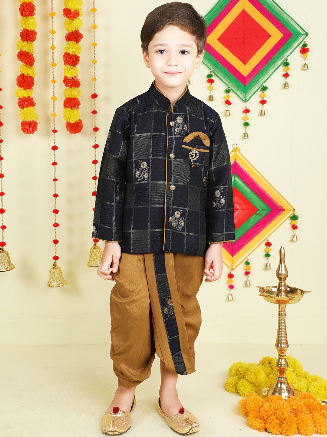 

BAESD Boys Floral Regular Kurta With Dhoti Pants, Navy blue