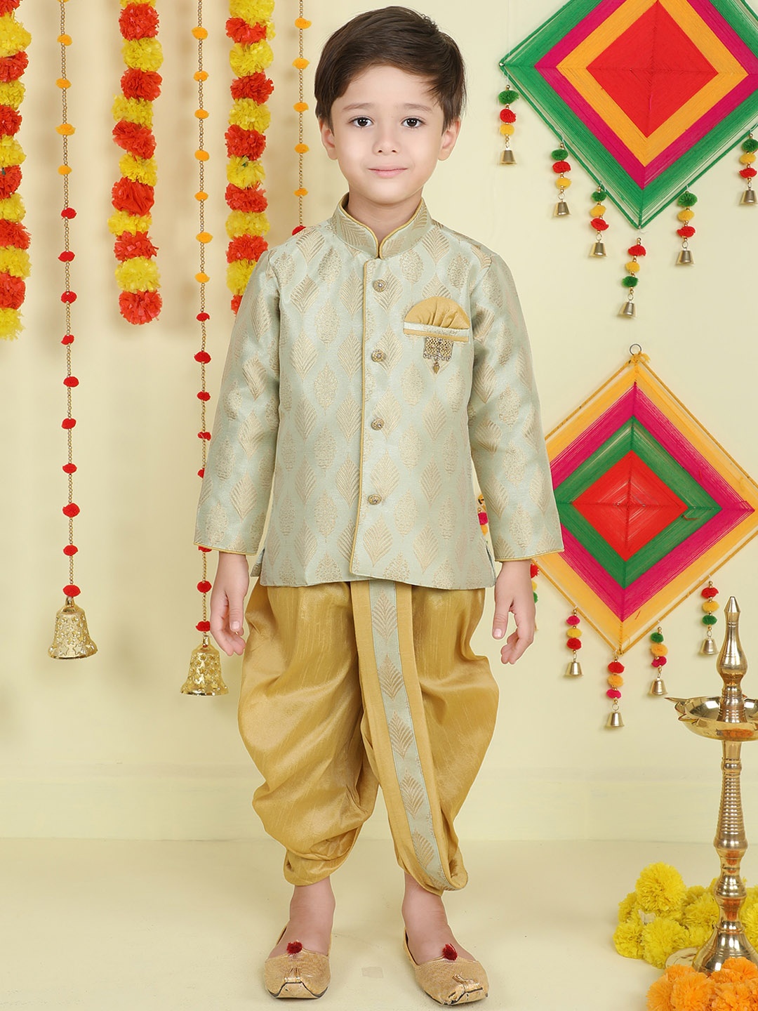 

BAESD Boys Floral Regular Kurta With Dhoti Pants, Sea green