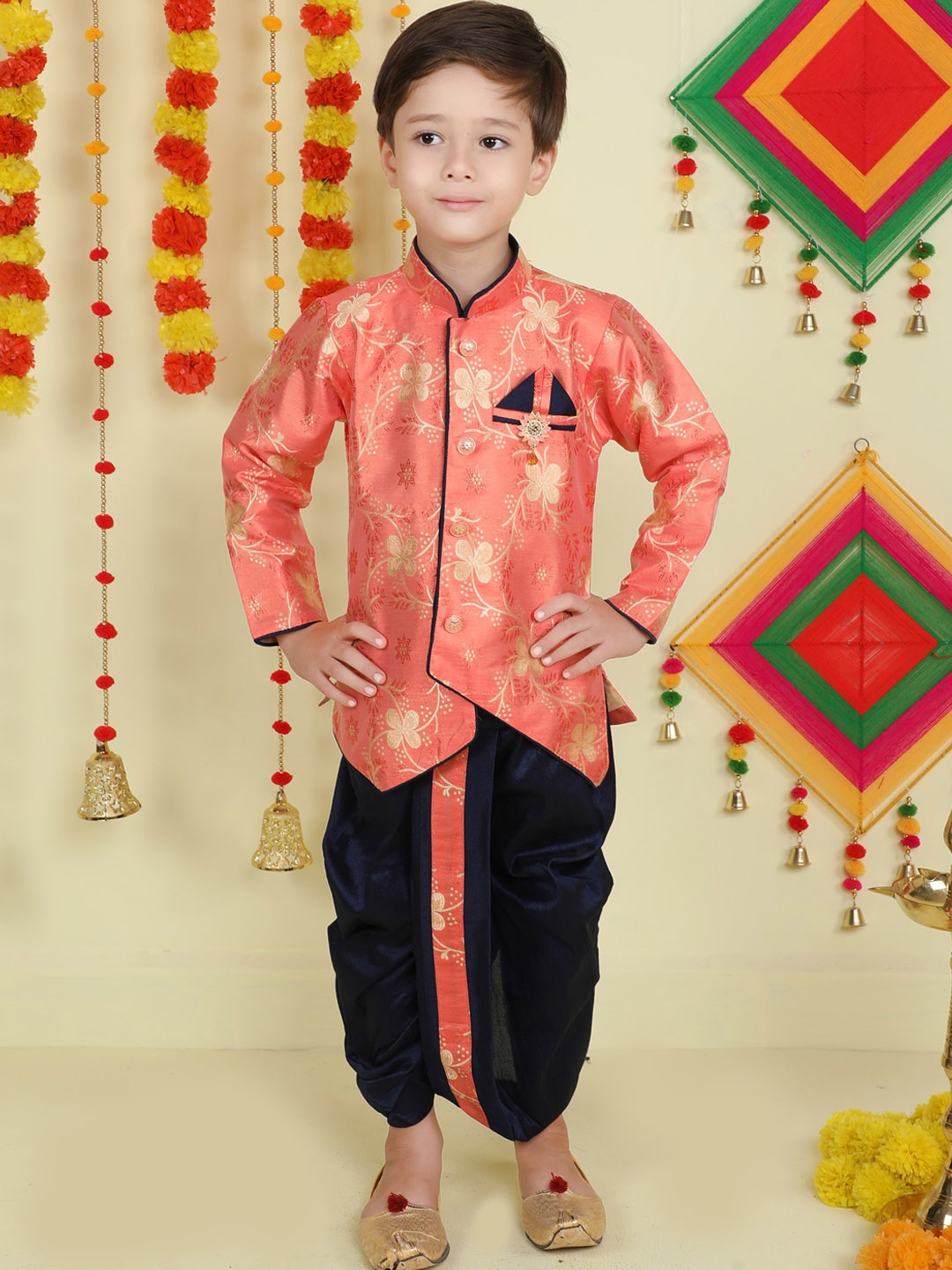 

BAESD Boys Floral Regular Kurta With Dhoti Pants, Peach