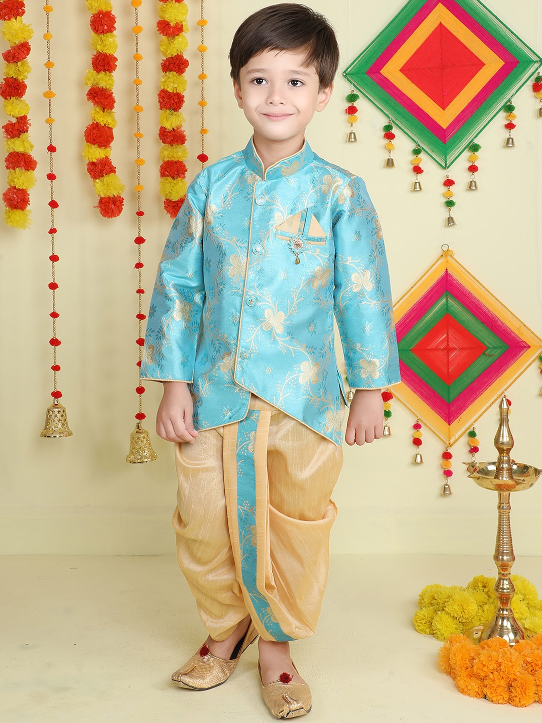 

BAESD Boys Floral Regular Kurta With Dhoti Pants, Blue