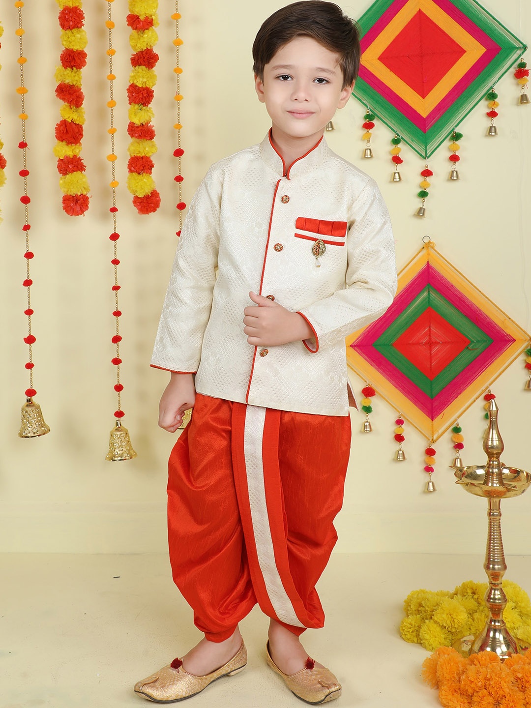 

BAESD Boys Ethnic Motifs Woven Design Kurta With Dhoti Pants, Orange