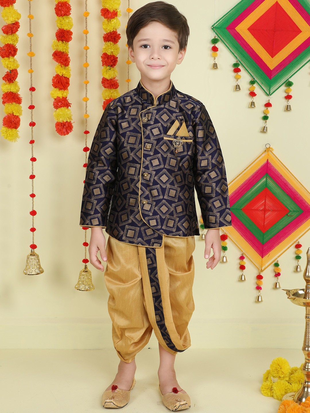

BAESD Boys Floral Woven Design Mandarin Collar Kurta With Dhoti Pants, Navy blue