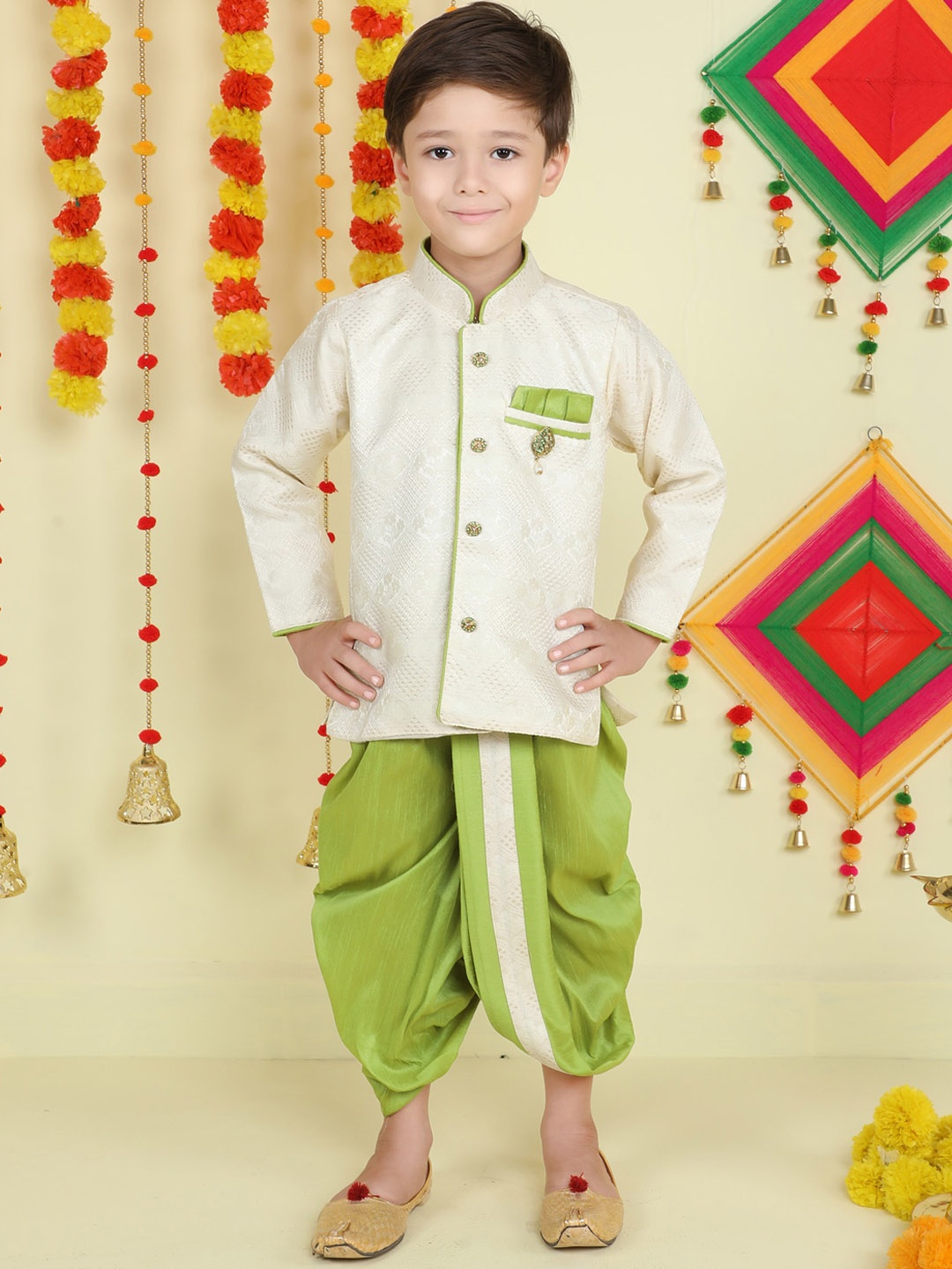 

BAESD Boys Floral Woven Design Mandarin Collar Kurta With Dhoti Pants, Green