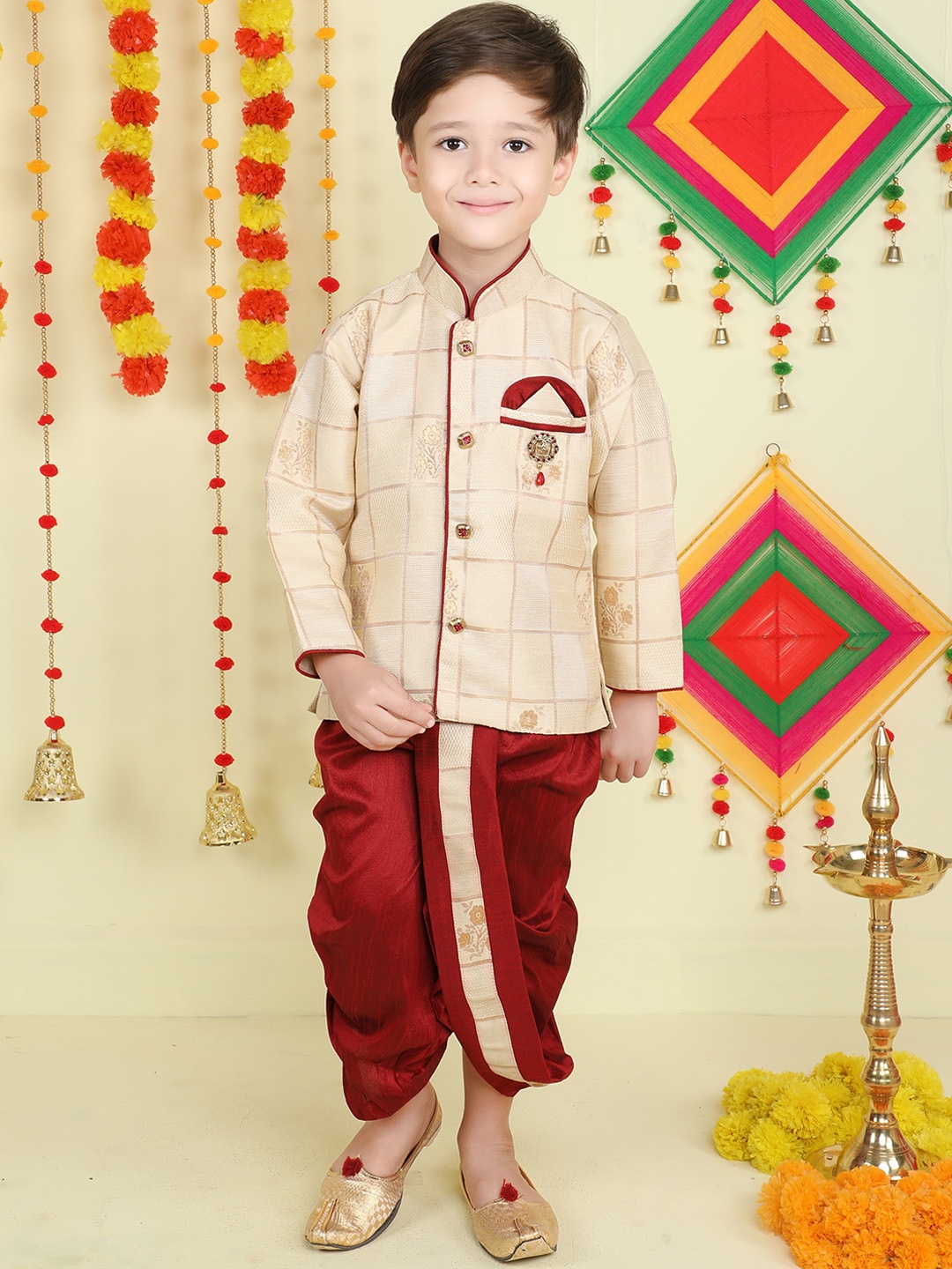 

BAESD Boys Floral Woven Design Mandarin Collar Kurta With Dhoti Pants, Cream