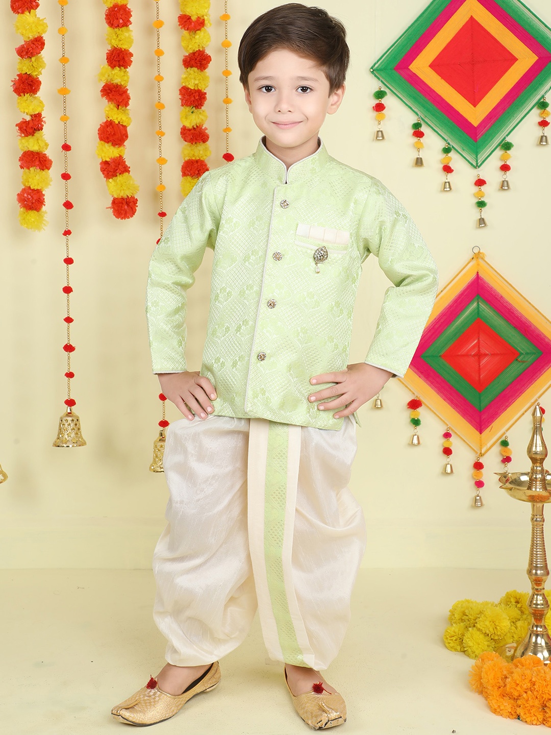 

BAESD Boys Floral Woven Design Mandarin Collar Kurta With Dhoti Pants, Green