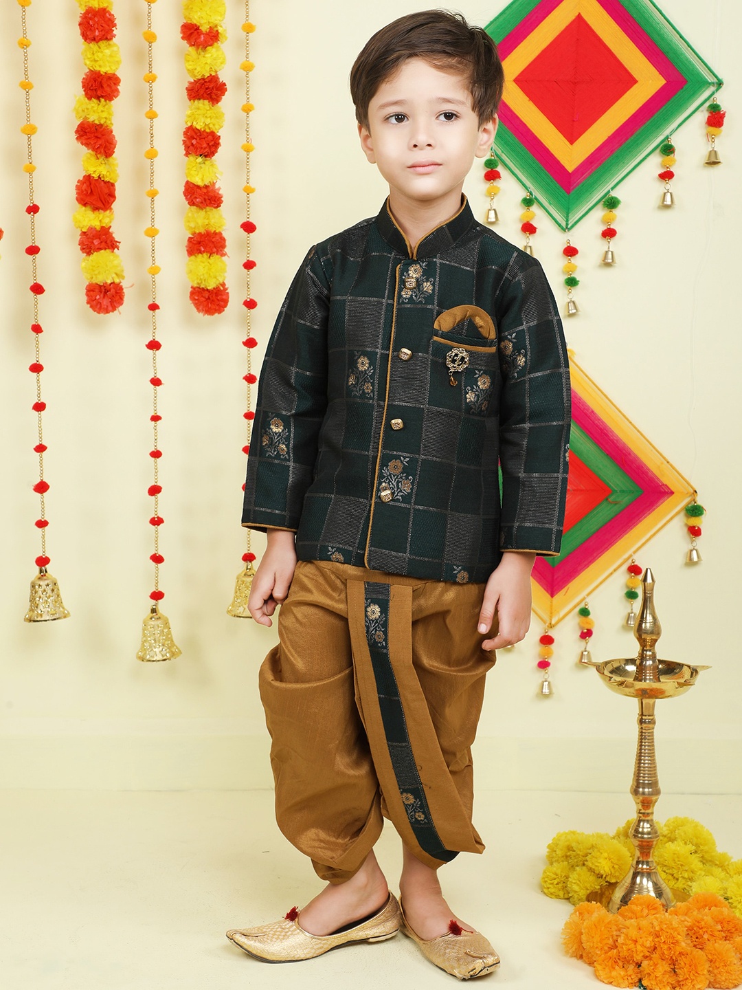 

BAESD Boys Floral Woven Design Mandarin Collar Kurta With Dhoti Pants, Green