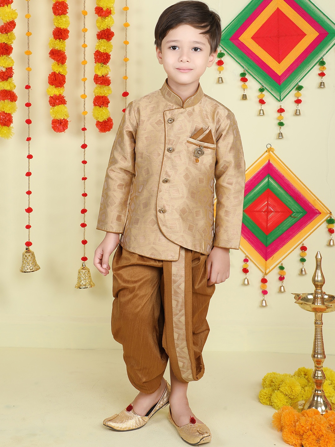 

BAESD Boys Geometric Woven Design Mandarin Collar Silk Cotton Kurta With Dhoti Pants, Beige