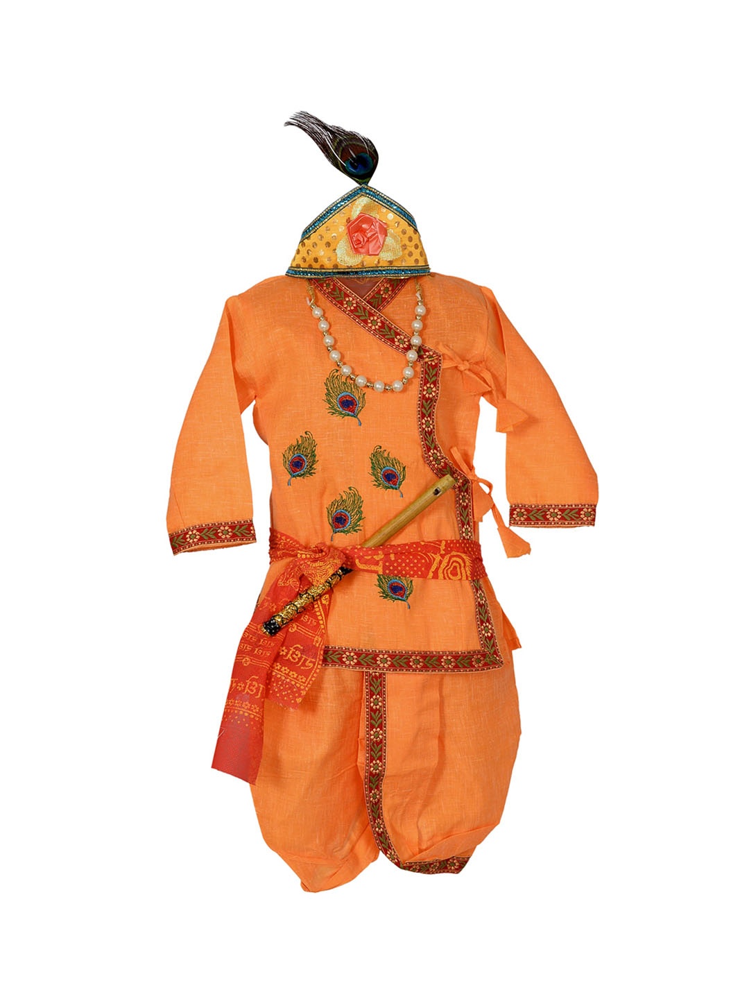 

BAESD Boys Ethnic Motifs Embroidered Angrakha Pure Cotton Kurti With Dhoti Pants, Orange