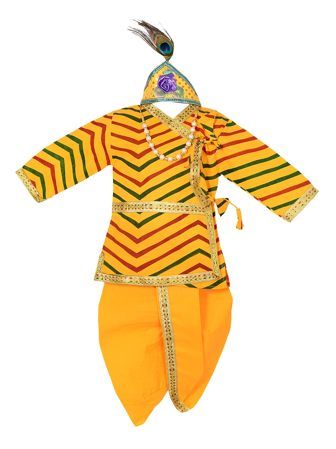 

BAESD Boys Striped Angrakha Thread Work Pure Cotton Kurta With Dhoti Pants, Yellow