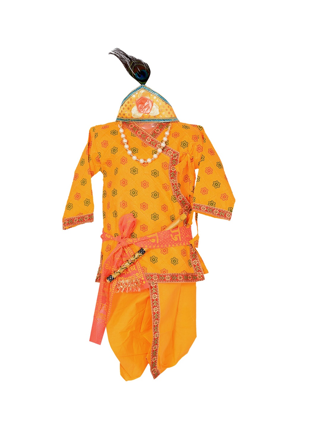 

BAESD Boys Floral Printed Angrakha Pure Cotton Kurta With Dhoti Pants & Dupatta, Yellow