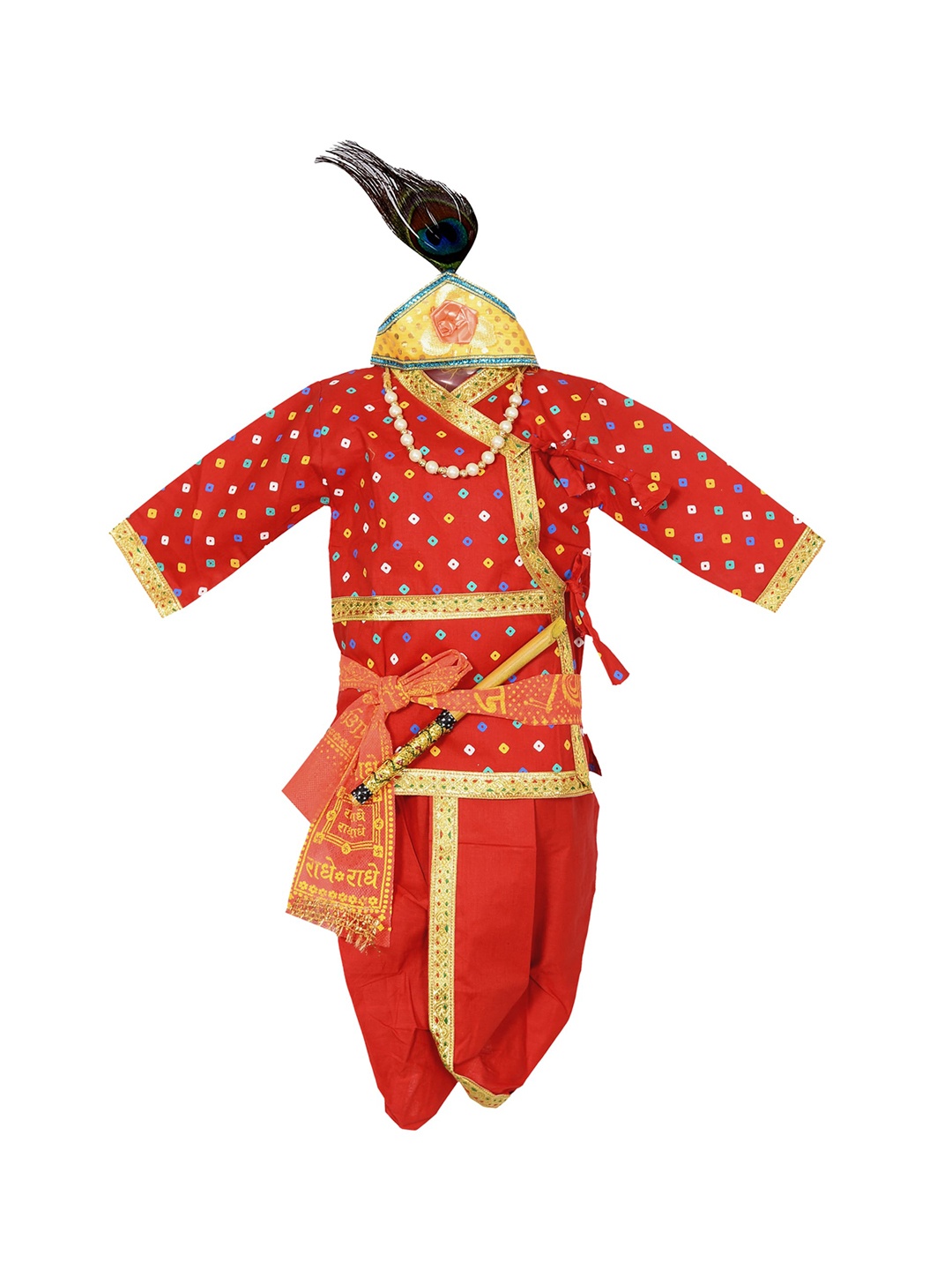 

BAESD Boys Red Bandhani Printed Angrakha Pure Cotton Kurta with Dhoti Pants